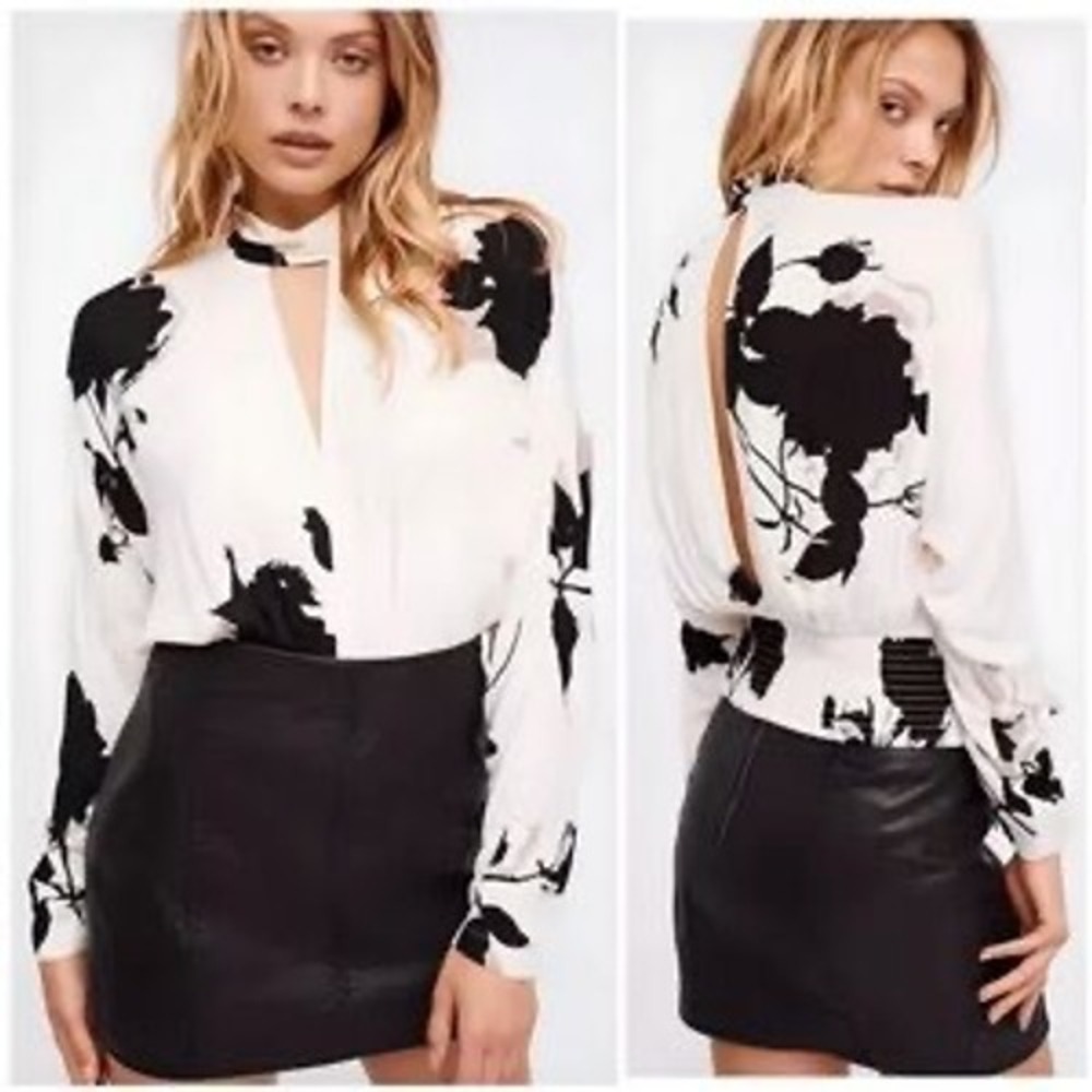 Free People Floral High Neck Open Back Smocked Tie Waist Blouse Cream‎ Black M